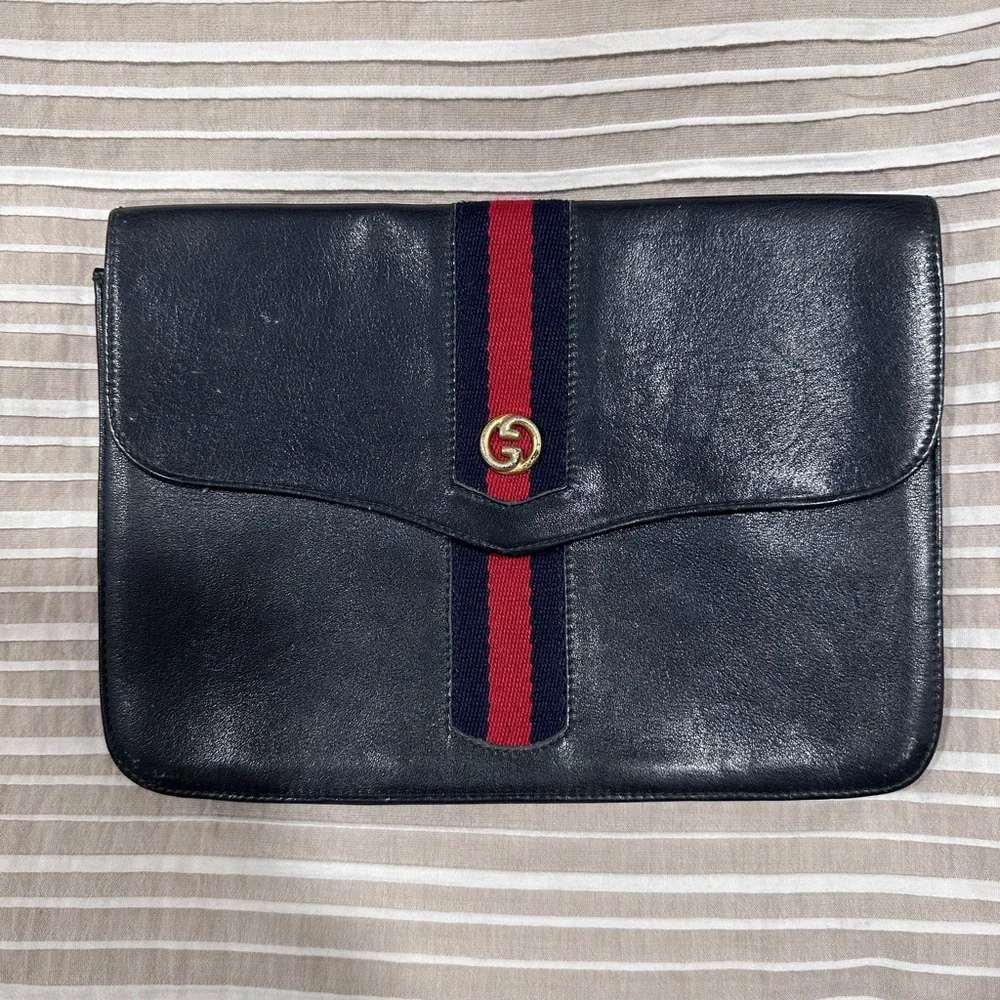 Gucci | Bags | Gucci Sherry Line Clutch Vintage Navy Blue Leather